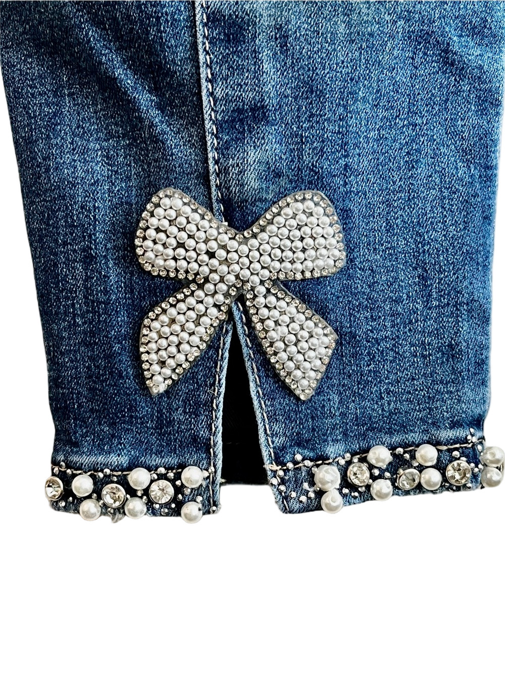 Frank Lyman LARGE 32 /27 Dark Blue Skinny Jeans Rhinestone Pearl Bow Ankle